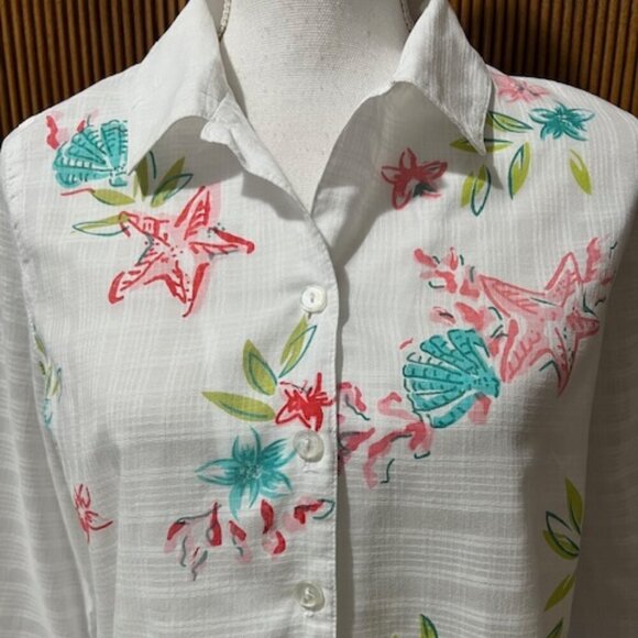 Koret White Button Down Seashell Print Cotton Top Blouse 3/4 Sleeves Size M - Picture 3 of 5